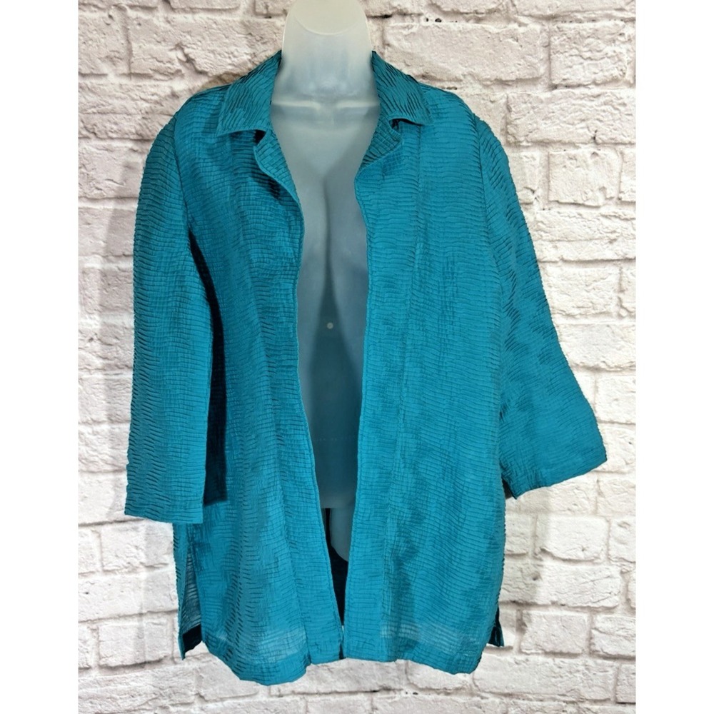 Chicos Travelers 3 XL Blue Crinkle Textured Satin Cardigan Layering Top Shirt